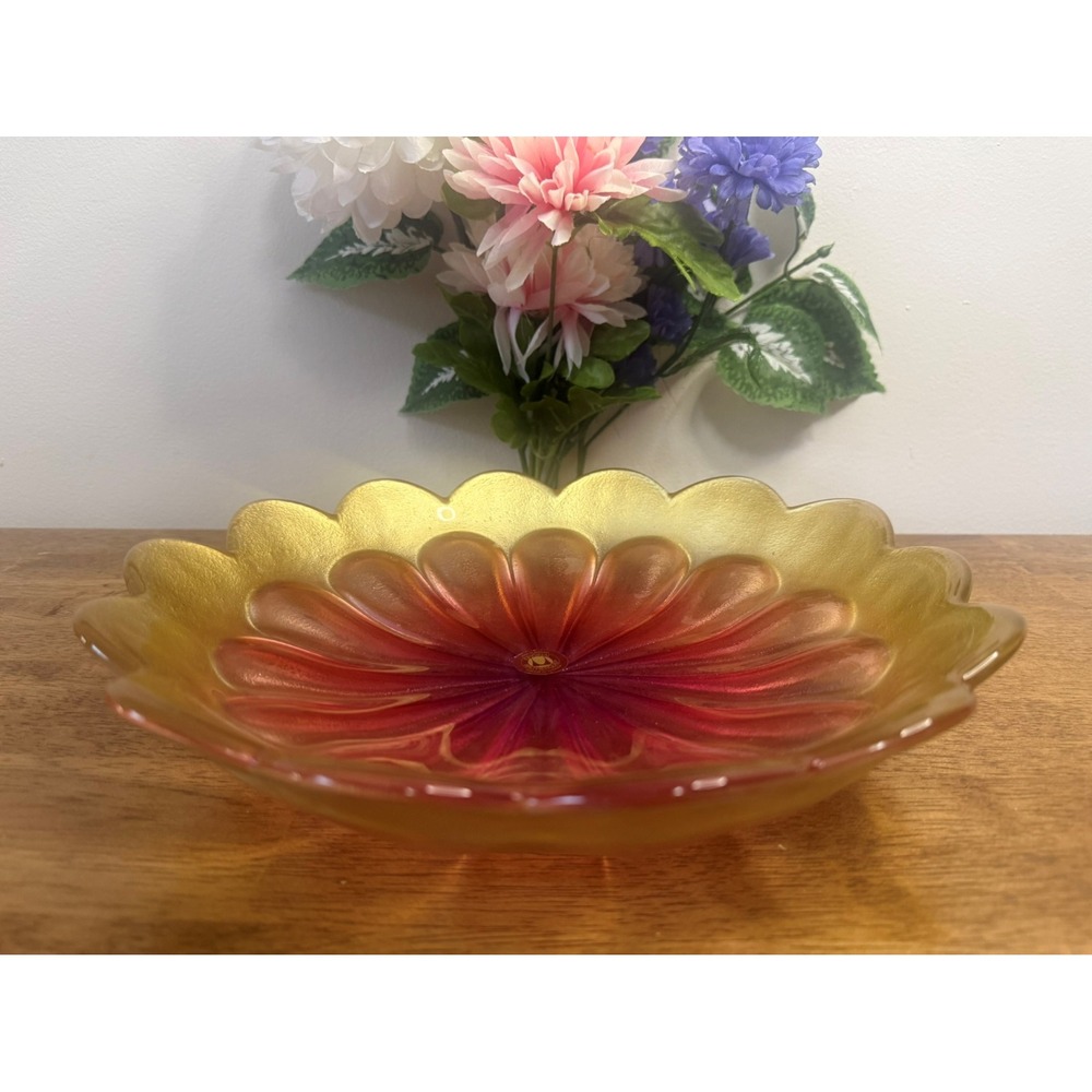 Waltherglas Germany Ruby Gold Art Glass Flower Bowl Mid‎ Century Pink Decor